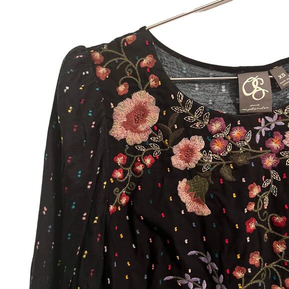 Anthropologie One September Black Embroidered Peasant 3/4 Sleeve Top XS - Picture 4 of 6